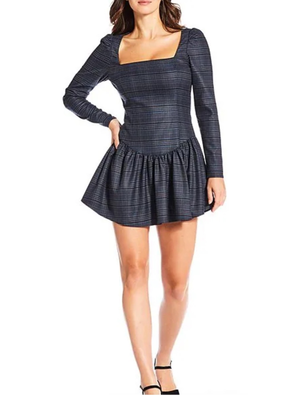 Gianni Bini Kendall Blue Plaid Square Neck Drop Waist Long Sleeve Dress